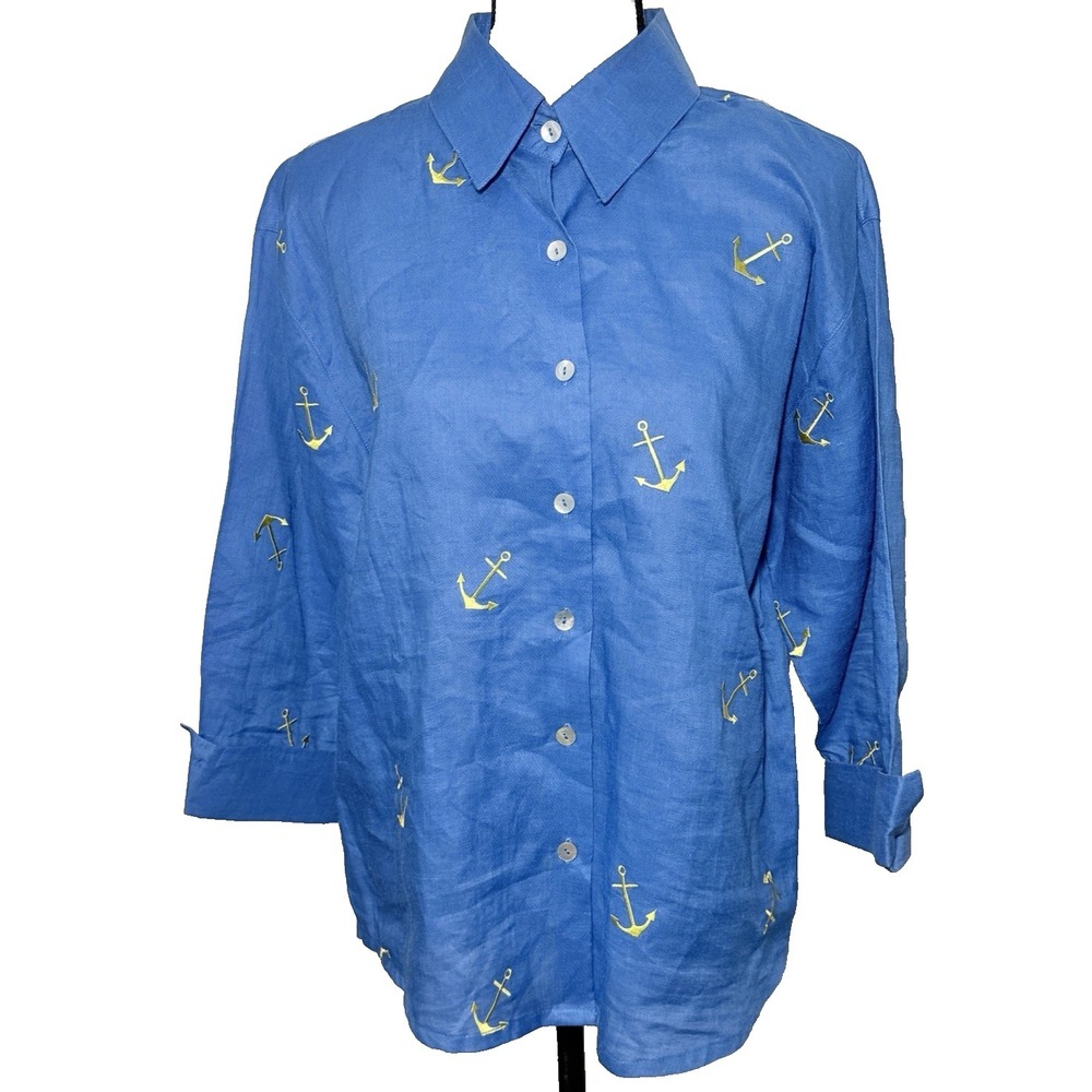 Casey Coleman Linen Shirt Anchor Medium Blue Embroidered Coastal Nautical Button